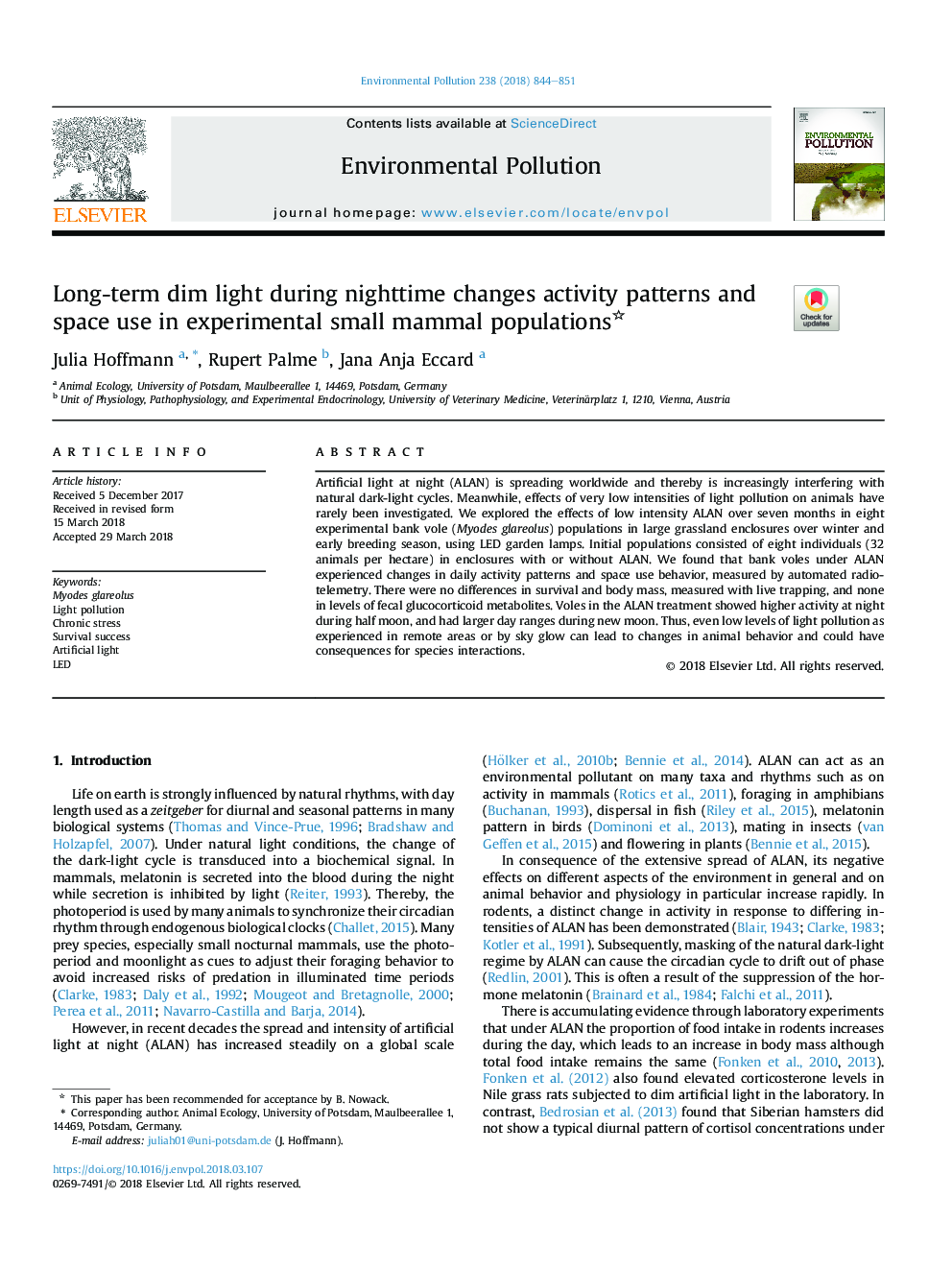 Long-term dim light during nighttime changes activity patterns and space use in experimental small mammal populations