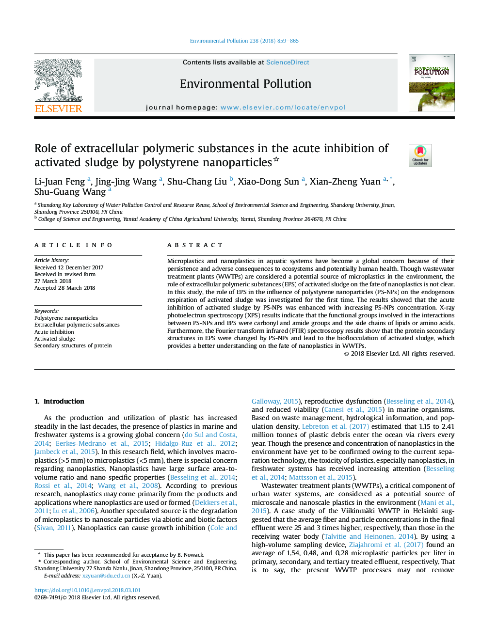 Role of extracellular polymeric substances in the acute inhibition of activated sludge by polystyrene nanoparticles