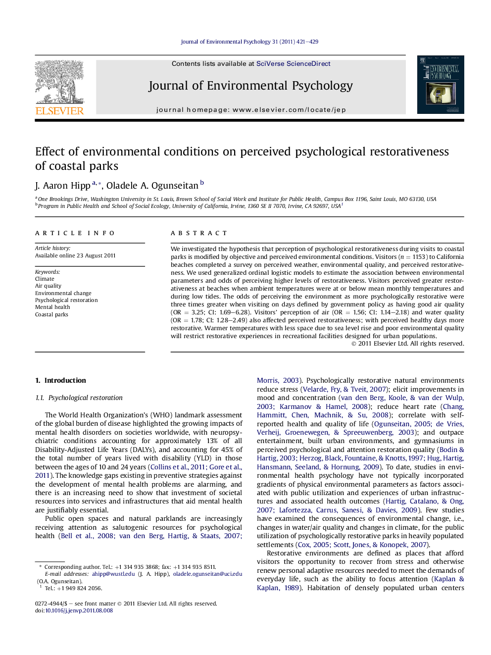 Effect of environmental conditions on perceived psychological restorativeness of coastal parks