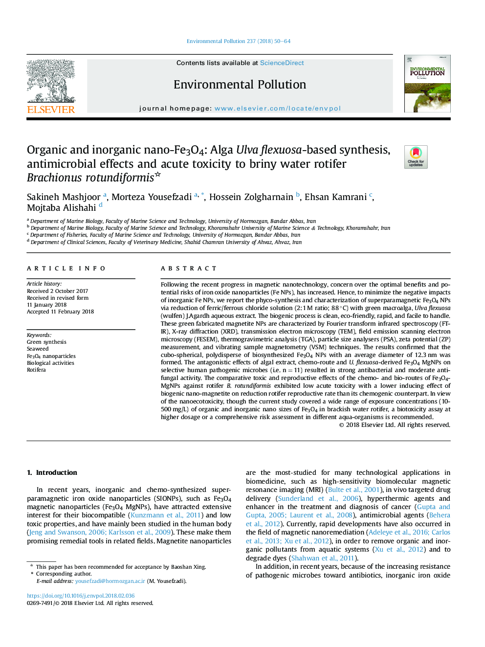 Organic and inorganic nano-Fe3O4: Alga Ulva flexuosa-based synthesis, antimicrobial effects and acute toxicity to briny water rotifer Brachionus rotundiformis