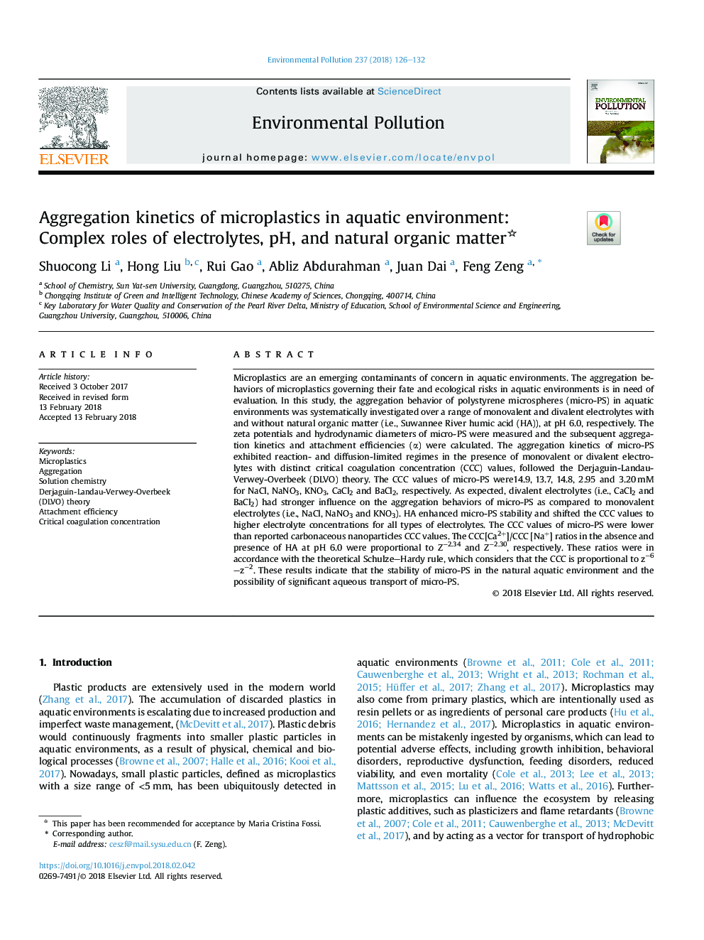Aggregation kinetics of microplastics in aquatic environment: Complex roles of electrolytes, pH, and natural organic matter
