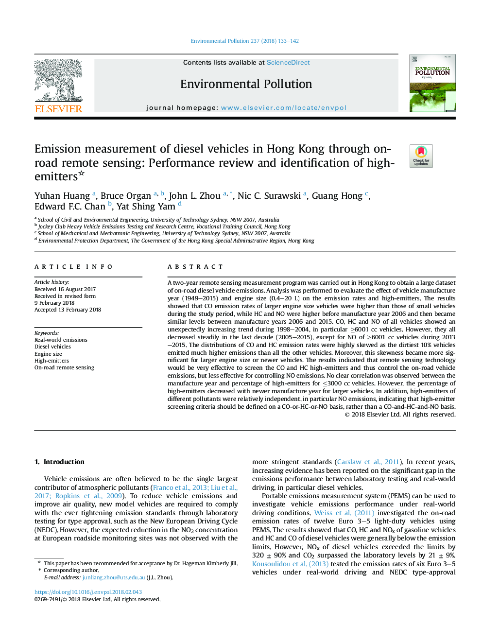Emission measurement of diesel vehicles in Hong Kong through on-road remote sensing: Performance review and identification of high-emitters