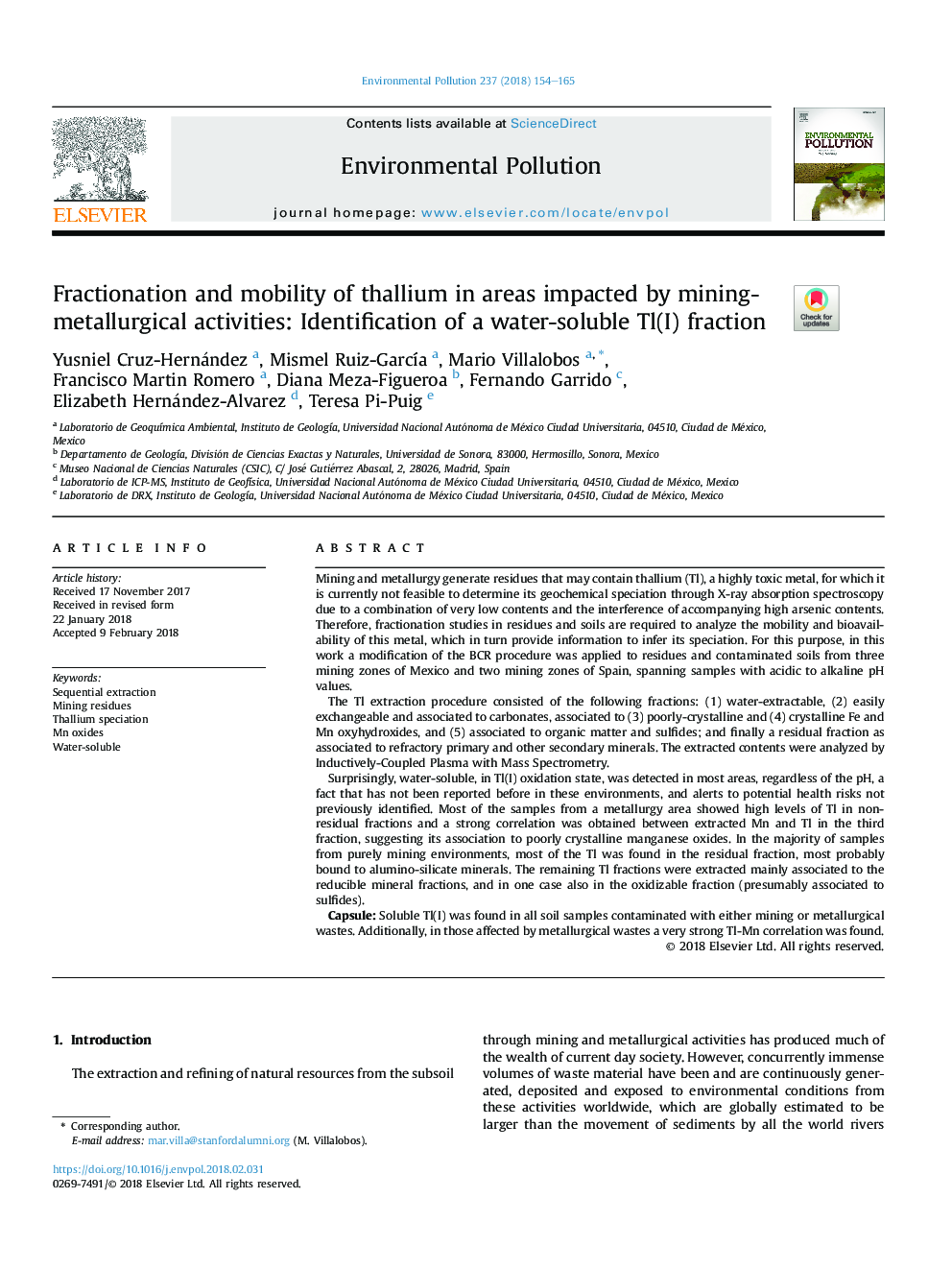 Fractionation and mobility of thallium in areas impacted by mining-metallurgical activities: Identification of a water-soluble Tl(I) fraction