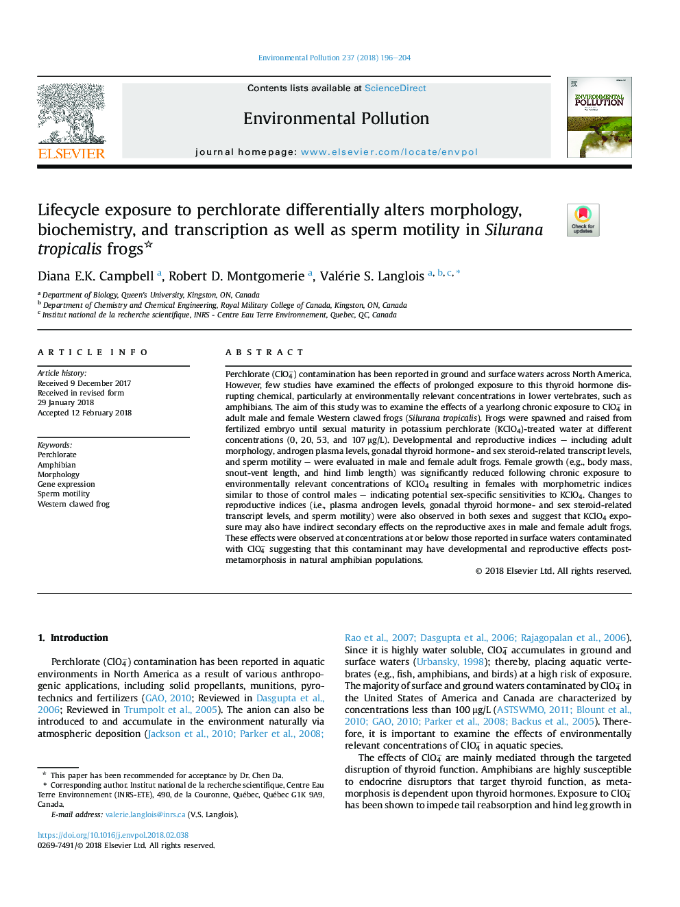 Lifecycle exposure to perchlorate differentially alters morphology, biochemistry, and transcription as well as sperm motility in Silurana tropicalis frogs