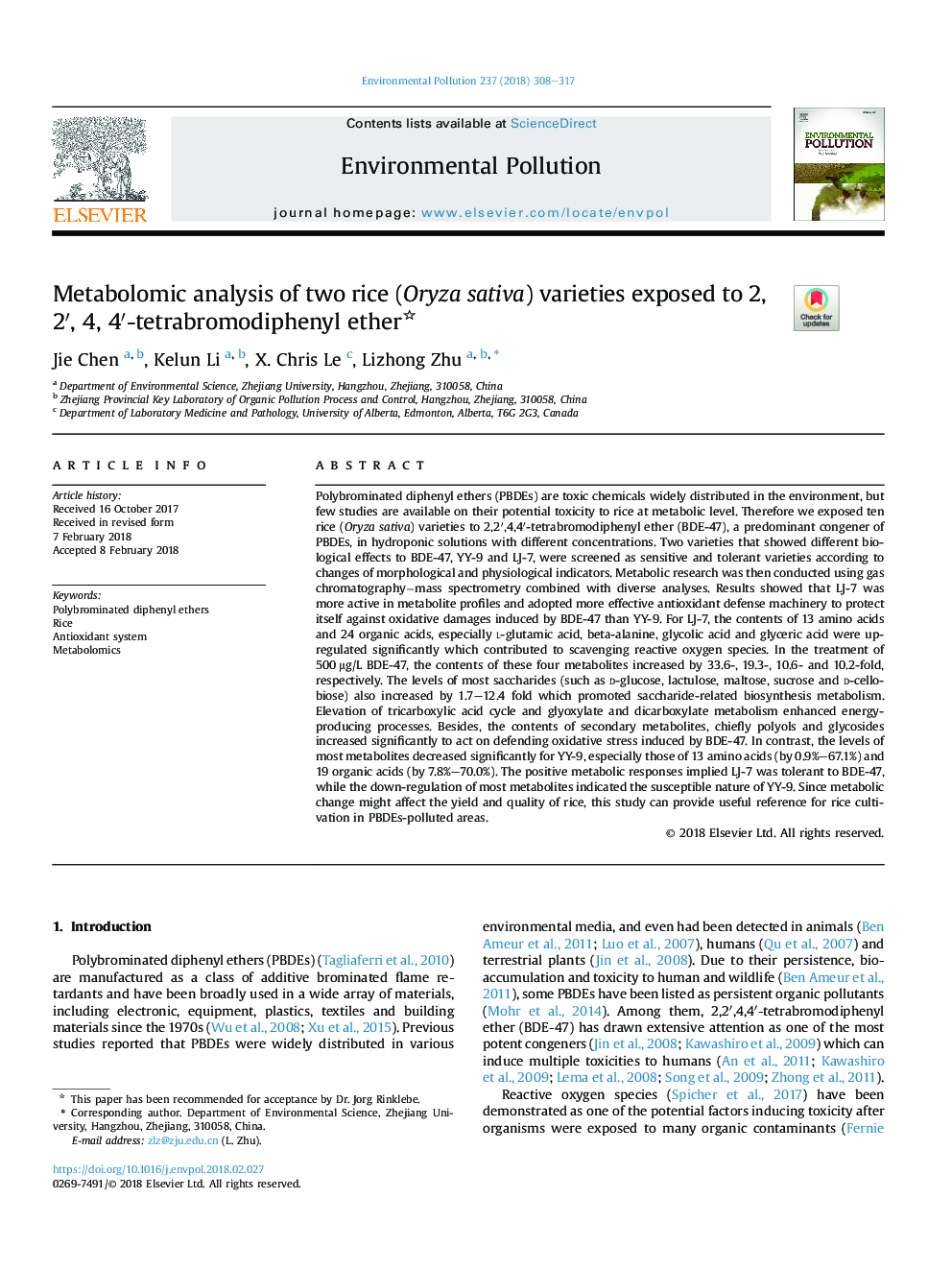 Metabolomic analysis of two rice (Oryza sativa) varieties exposed to 2, 2â², 4, 4â²-tetrabromodiphenyl ether