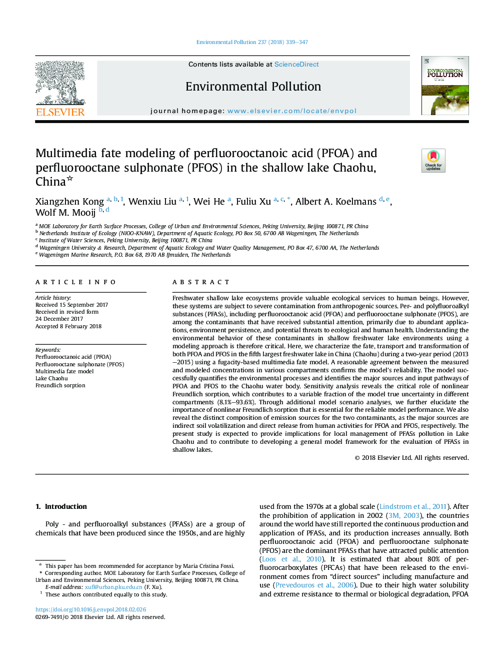 Multimedia fate modeling of perfluorooctanoic acid (PFOA) and perfluorooctane sulphonate (PFOS) in the shallow lake Chaohu, China