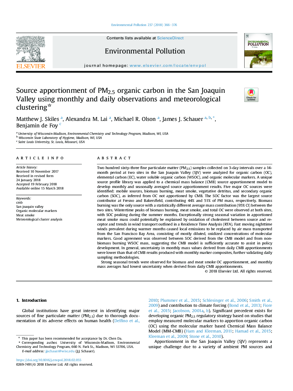 Source apportionment of PM2.5 organic carbon in the San Joaquin Valley using monthly and daily observations and meteorological clustering