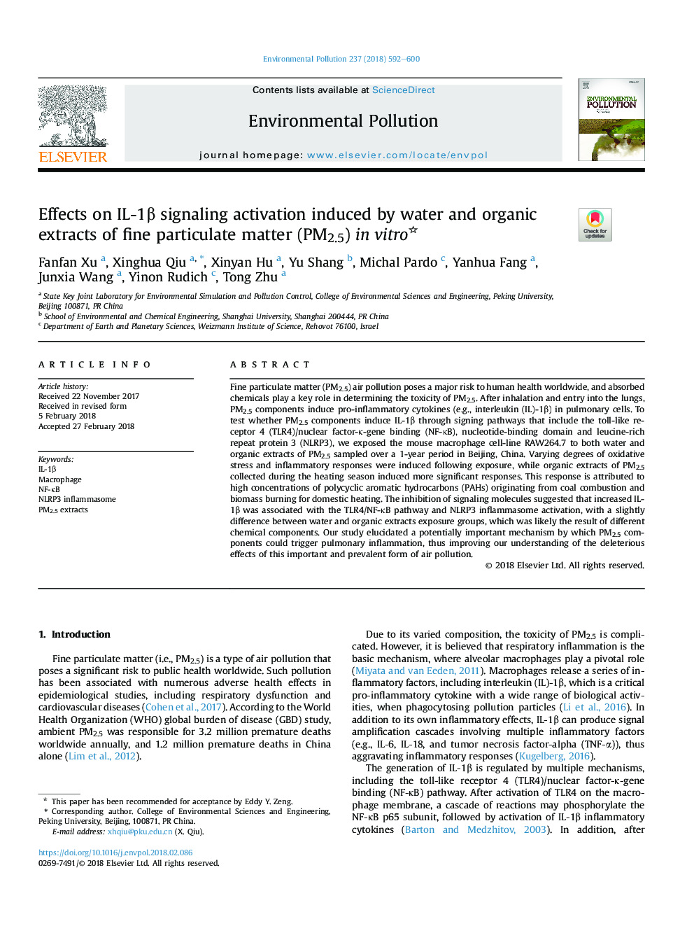 Effects on IL-1Î² signaling activation induced by water and organic extracts of fine particulate matter (PM2.5) inÂ vitro