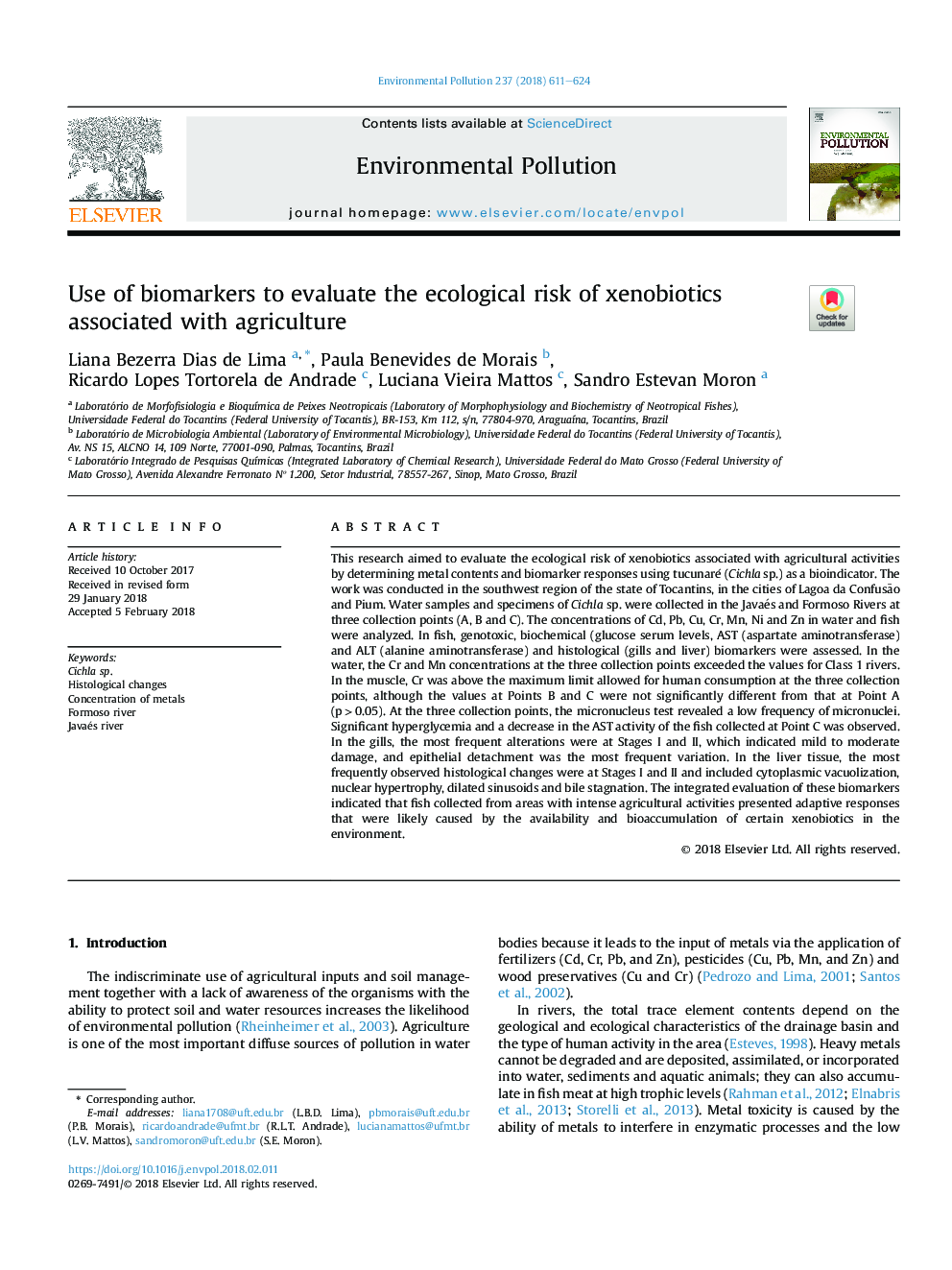 Use of biomarkers to evaluate the ecological risk of xenobiotics associated with agriculture