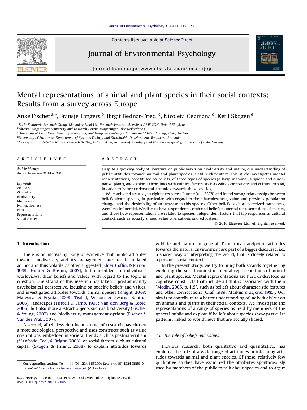 Mental representations of animal and plant species in their social contexts: Results from a survey across Europe