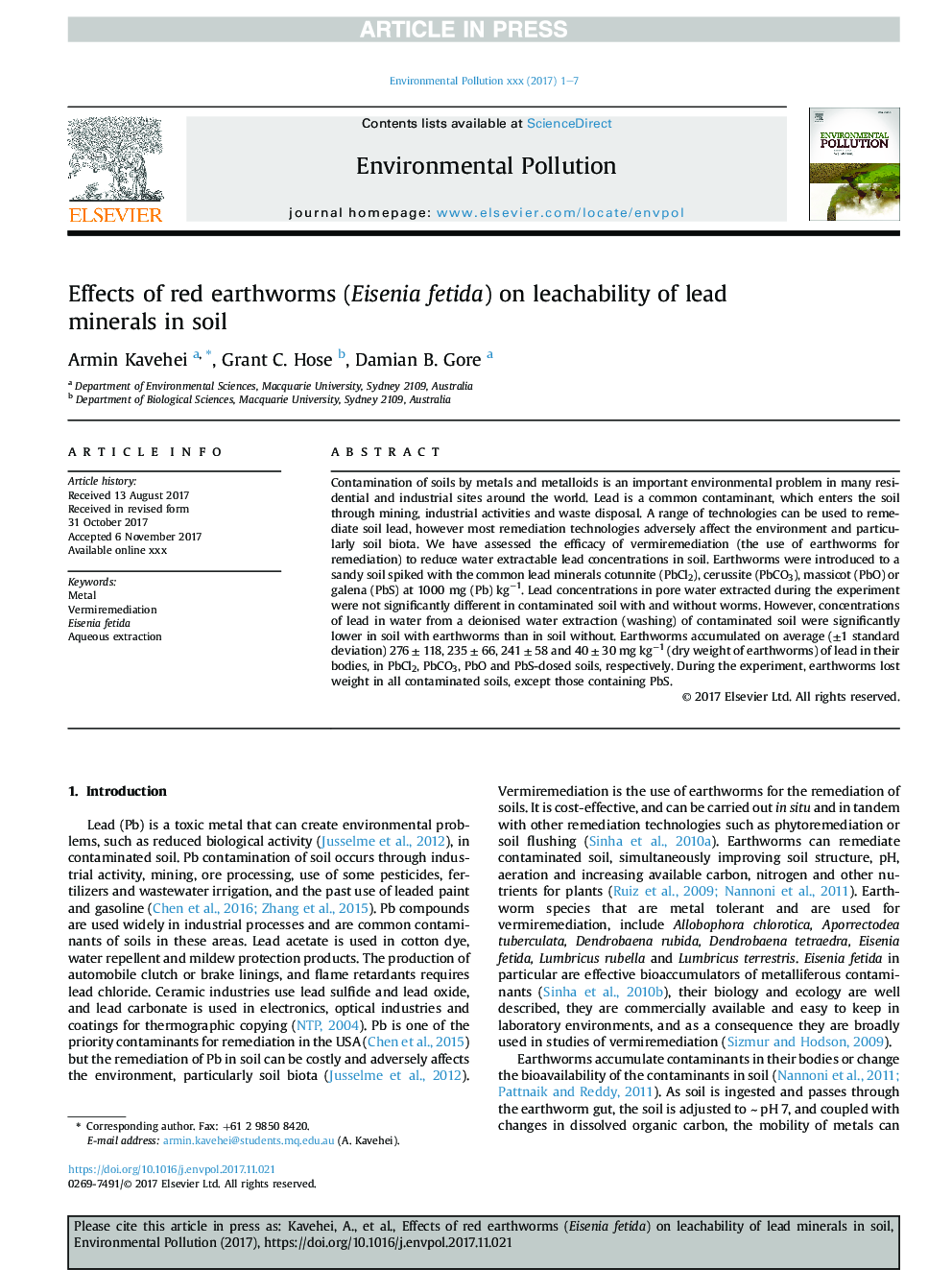 Effects of red earthworms (Eisenia fetida) on leachability of lead minerals in soil