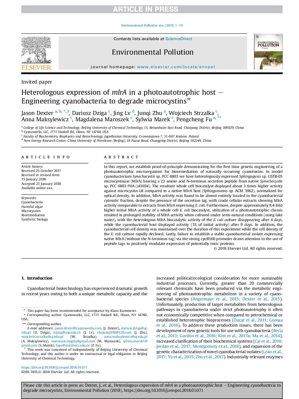 Heterologous expression of mlrA in a photoautotrophic host - Engineering cyanobacteria to degrade microcystins