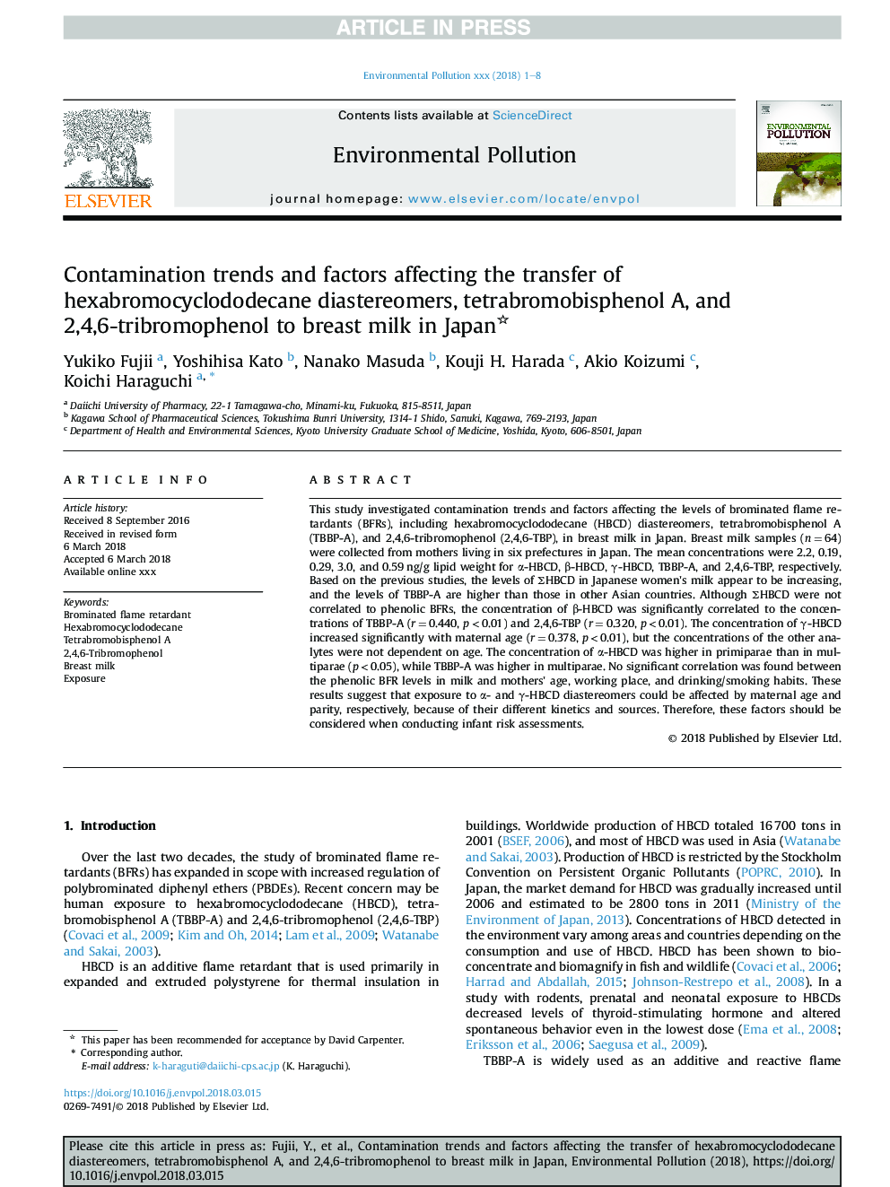 Contamination trends and factors affecting the transfer of hexabromocyclododecane diastereomers, tetrabromobisphenol A, and 2,4,6-tribromophenol to breast milk in Japan