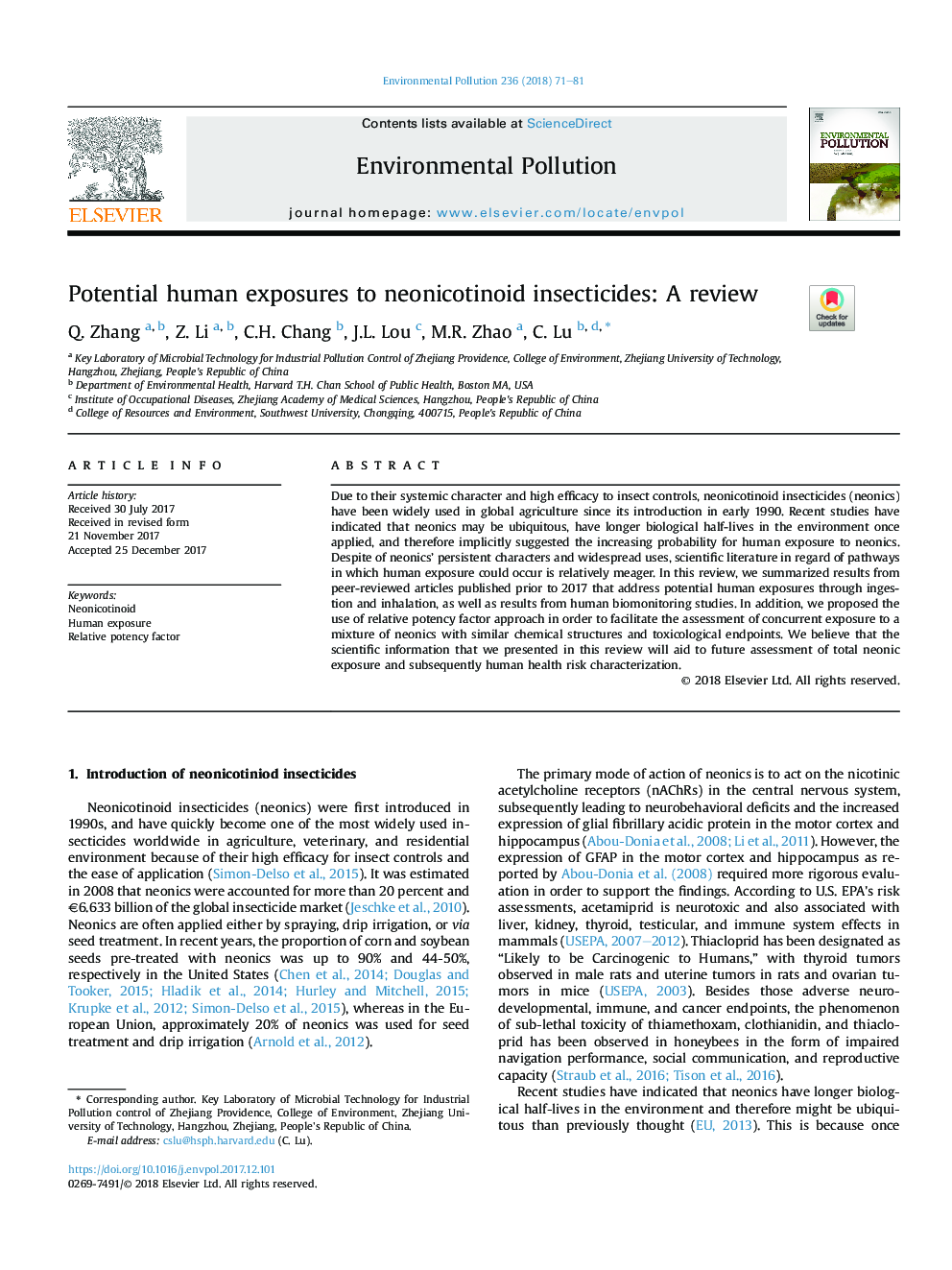 Potential human exposures to neonicotinoid insecticides: A review