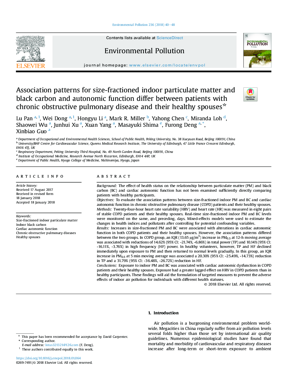 Association patterns for size-fractioned indoor particulate matter and black carbon and autonomic function differ between patients with chronic obstructive pulmonary disease and their healthy spouses