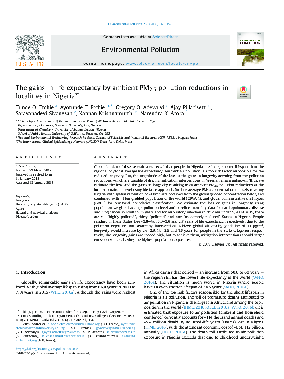 The gains in life expectancy by ambient PM2.5 pollution reductions in localities in Nigeria