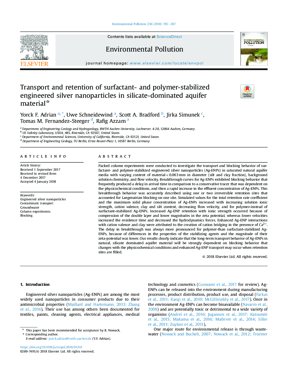 Transport and retention of surfactant- and polymer-stabilized engineered silver nanoparticles in silicate-dominated aquifer material