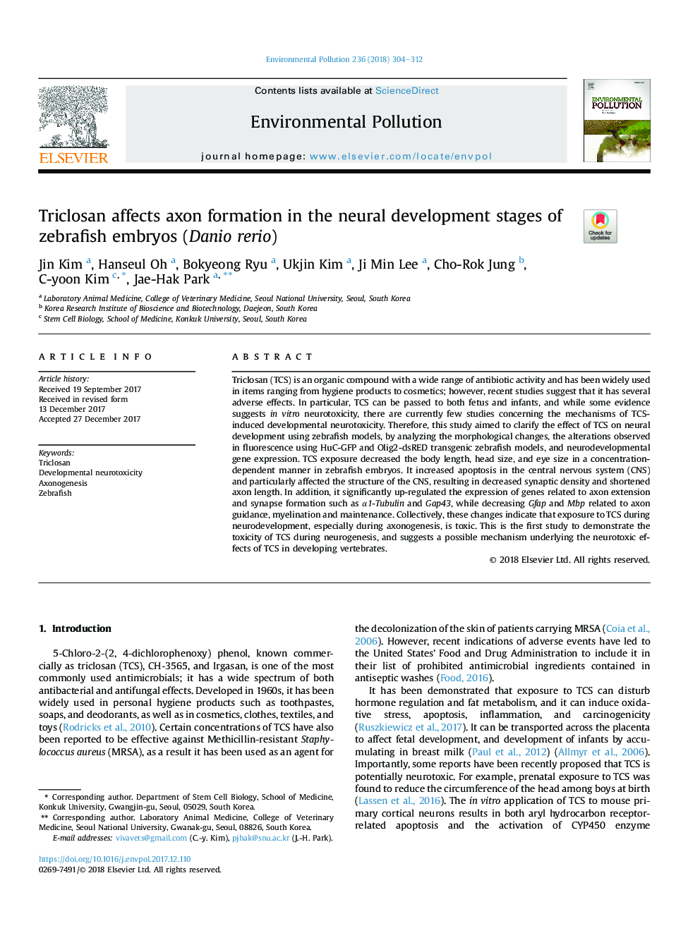 Triclosan affects axon formation in the neural development stages of zebrafish embryos (Danio rerio)