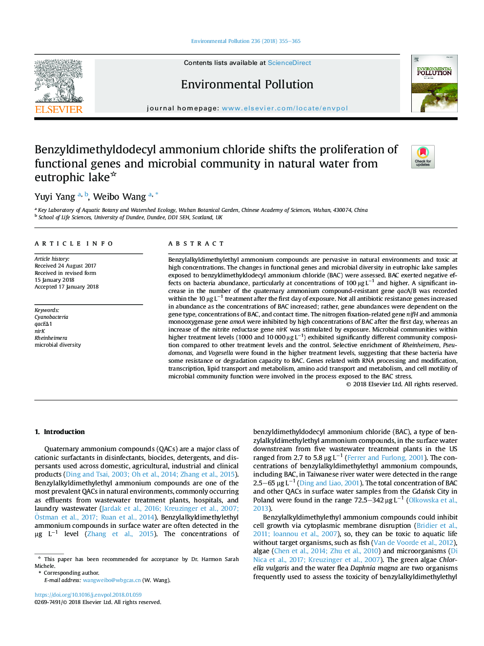 Benzyldimethyldodecyl ammonium chloride shifts the proliferation of functional genes and microbial community in natural water from eutrophic lake