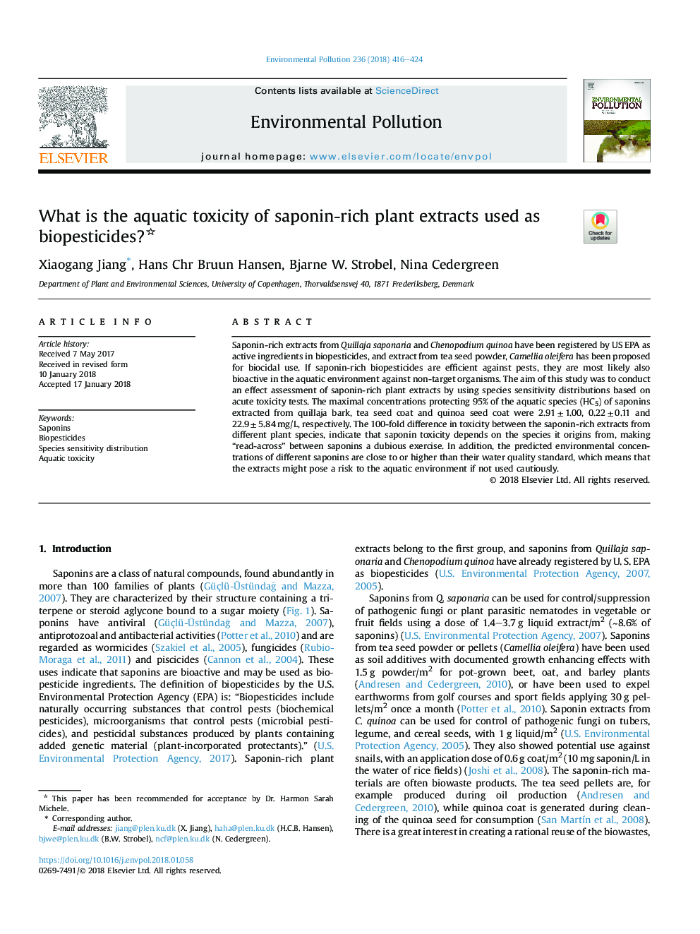 What is the aquatic toxicity of saponin-rich plant extracts used as biopesticides?