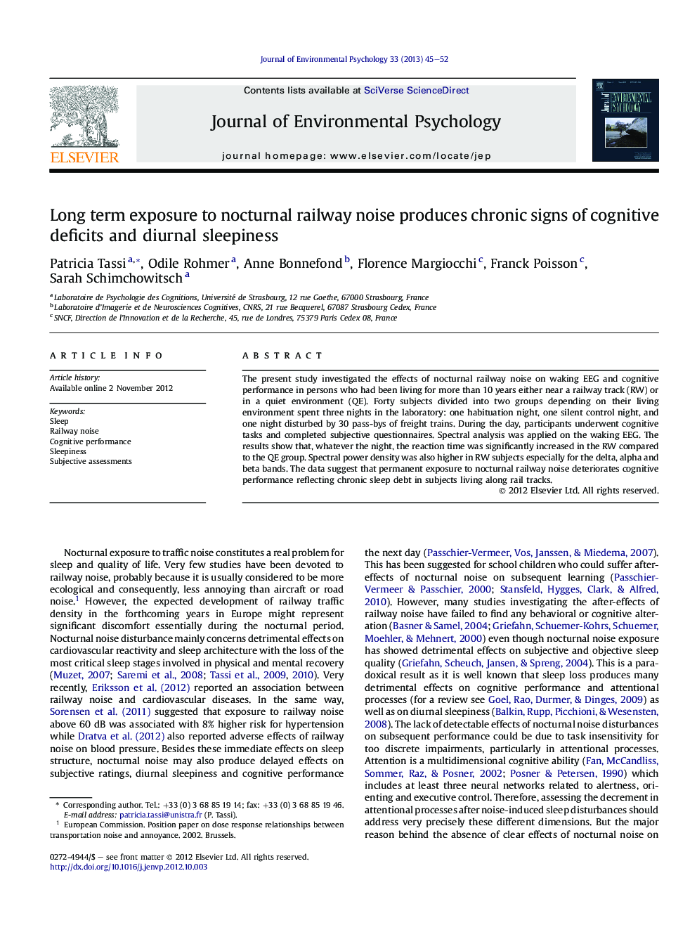 Long term exposure to nocturnal railway noise produces chronic signs of cognitive deficits and diurnal sleepiness