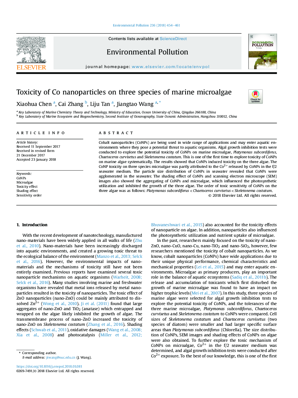 Toxicity of Co nanoparticles on three species of marine microalgae