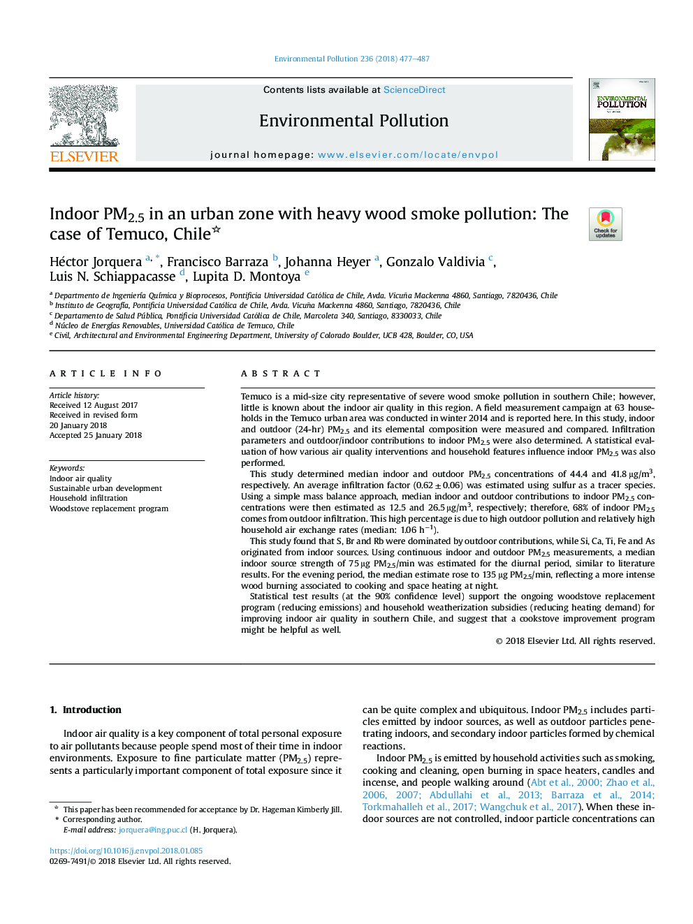 Indoor PM2.5 in an urban zone with heavy wood smoke pollution: The case of Temuco, Chile