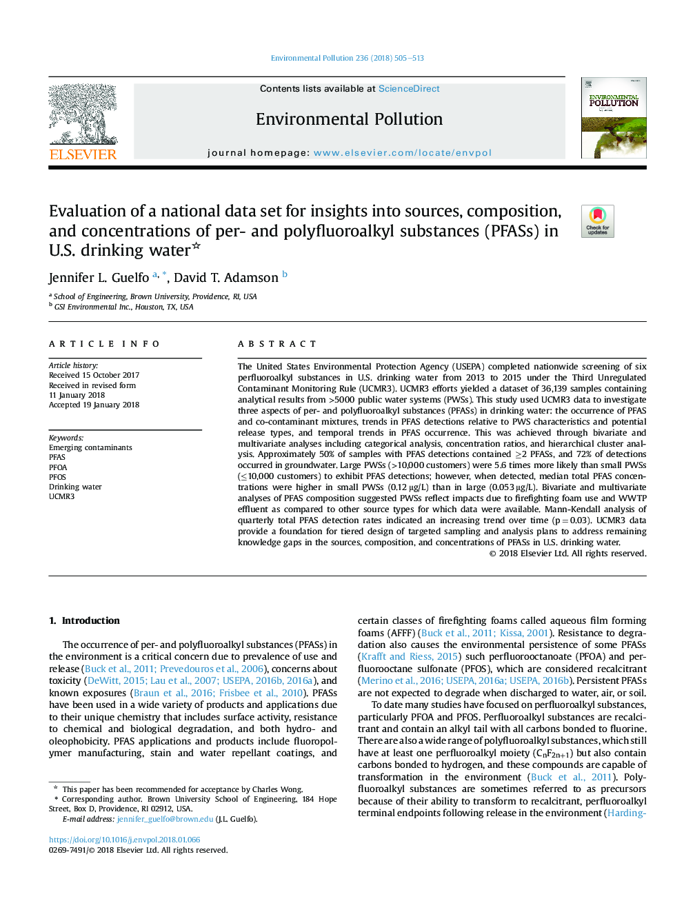 Evaluation of a national data set for insights into sources, composition, and concentrations of per- and polyfluoroalkyl substances (PFASs) in U.S. drinking water