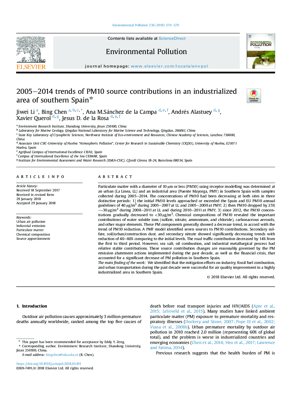 2005-2014 trends of PM10 source contributions in an industrialized area of southern Spain