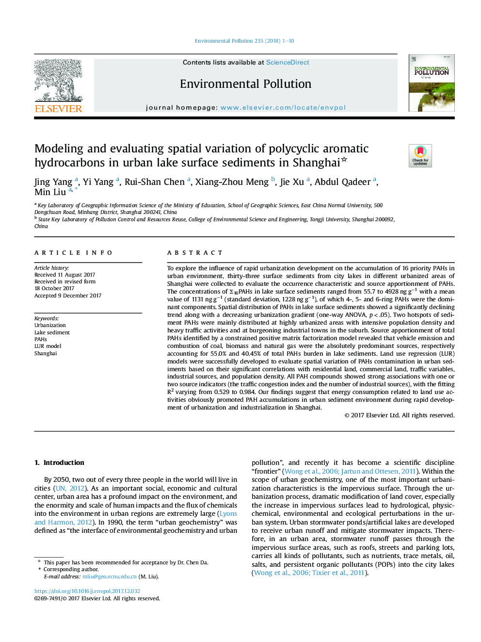 مدلسازی و ارزیابی تنوع فضایی هیدروکربن های آروماتیک چند حلقه ای در رسوبات سطح دریاچه شهری در شانگهای 