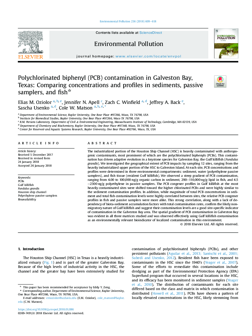 Polychlorinated biphenyl (PCB) contamination in Galveston Bay, Texas: Comparing concentrations and profiles in sediments, passive samplers, and fish