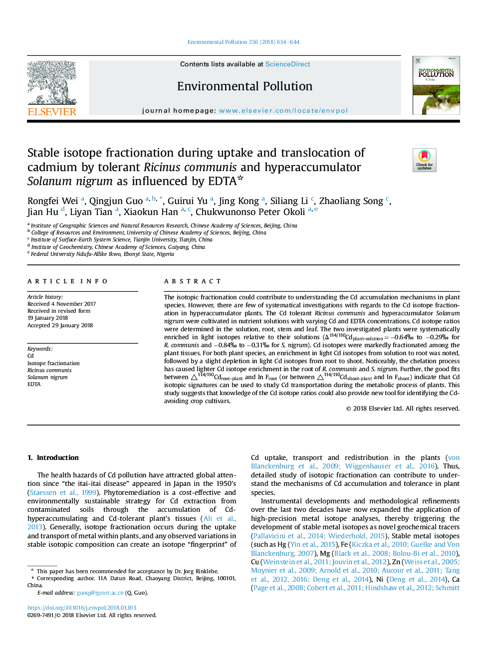 Stable isotope fractionation during uptake and translocation of cadmium by tolerant Ricinus communis and hyperaccumulator Solanum nigrum as influenced by EDTA