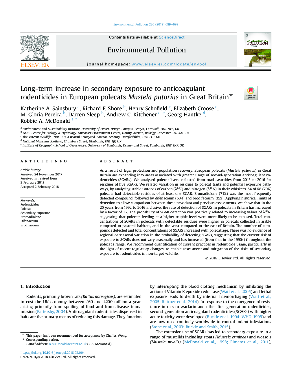 Long-term increase in secondary exposure to anticoagulant rodenticides in European polecats Mustela putorius in Great Britain