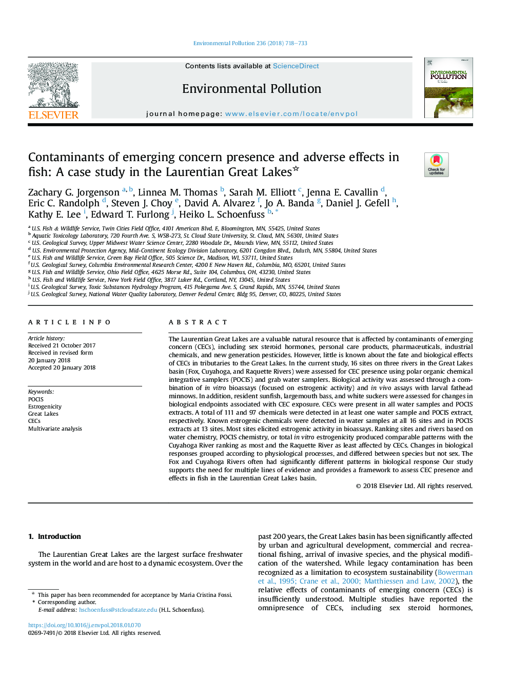 Contaminants of emerging concern presence and adverse effects in fish: A case study in the Laurentian Great Lakes