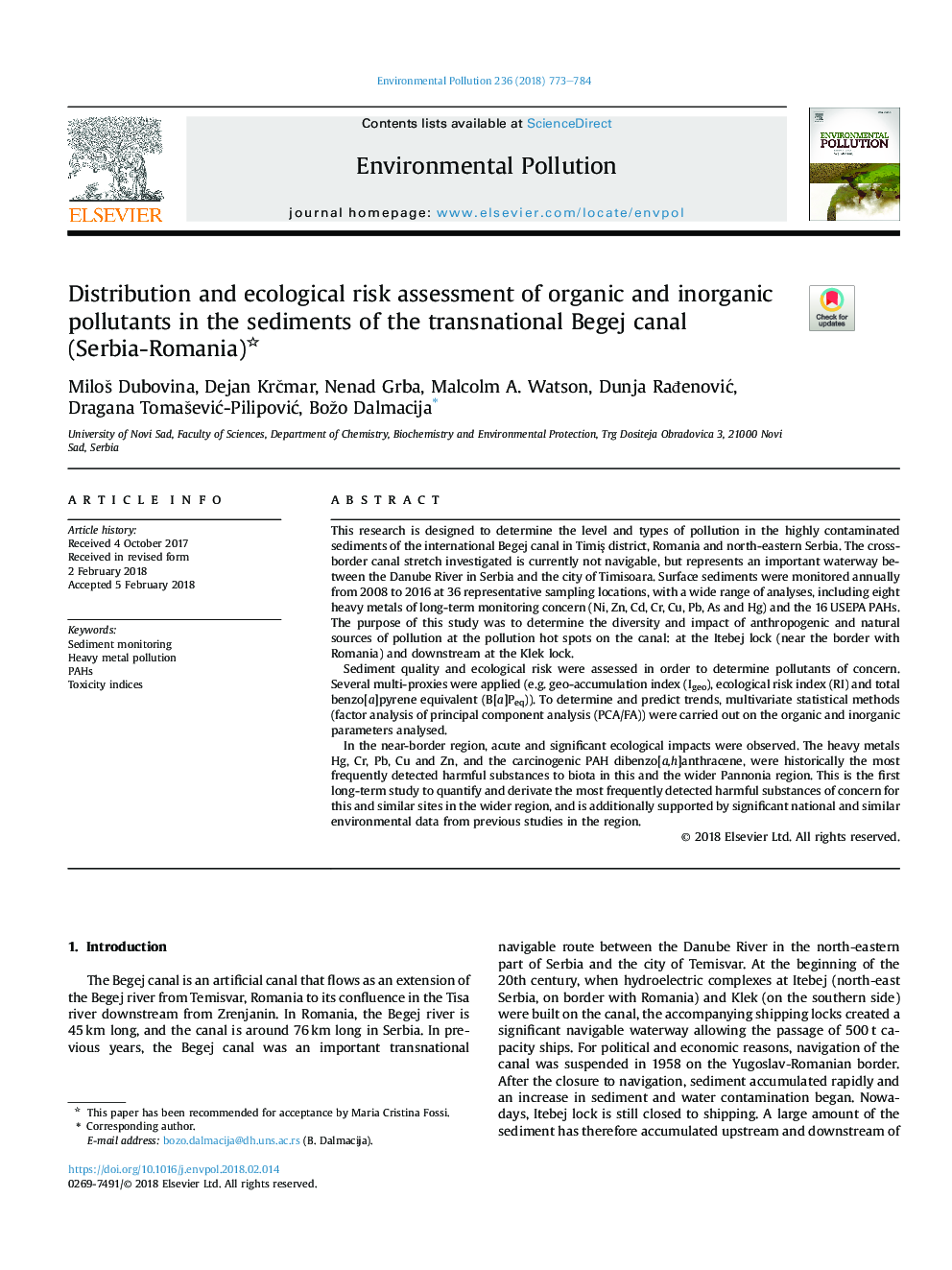 Distribution and ecological risk assessment of organic and inorganic pollutants in the sediments of the transnational Begej canal (Serbia-Romania)