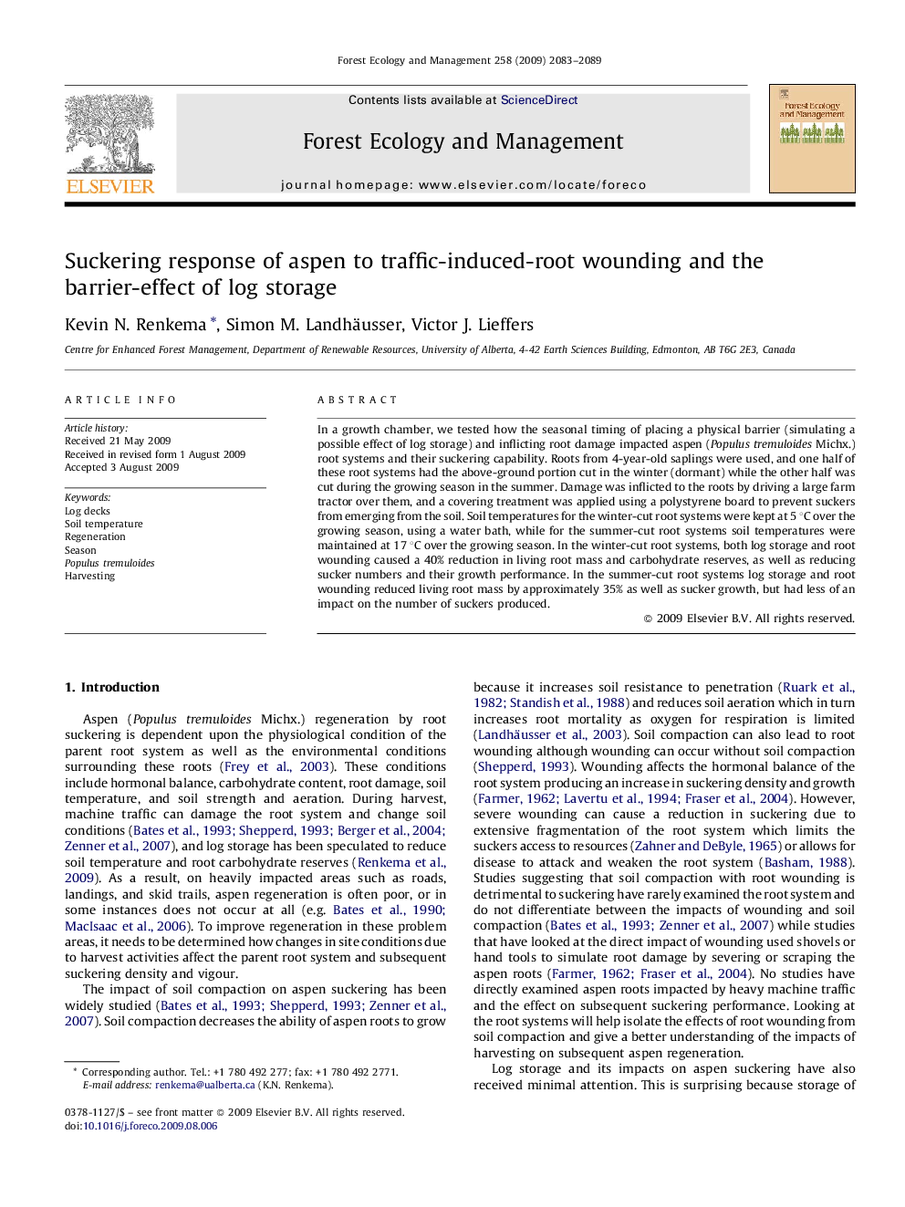 Suckering response of aspen to traffic-induced-root wounding and the barrier-effect of log storage