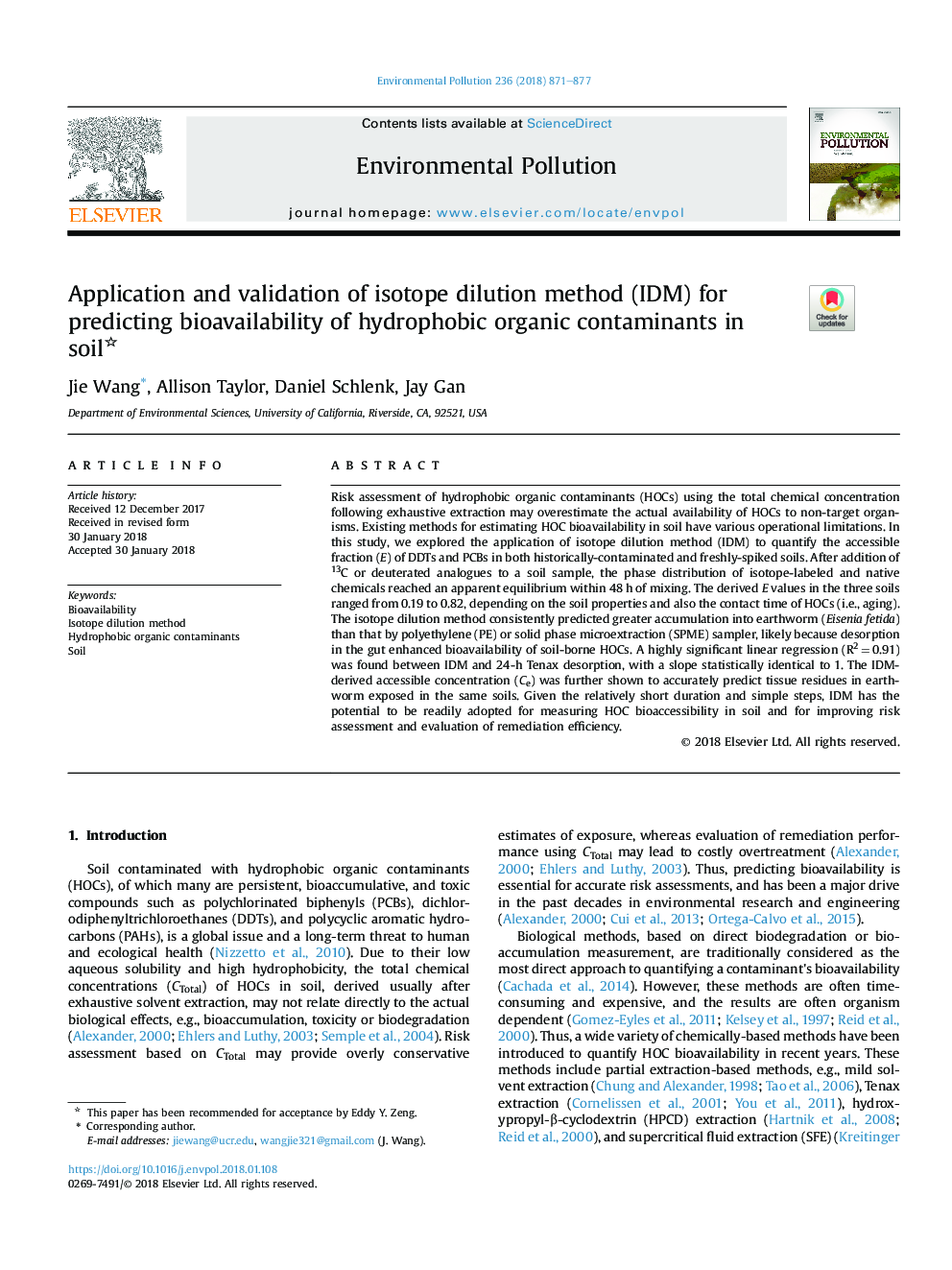 Application and validation of isotope dilution method (IDM) for predicting bioavailability of hydrophobic organic contaminants in soil