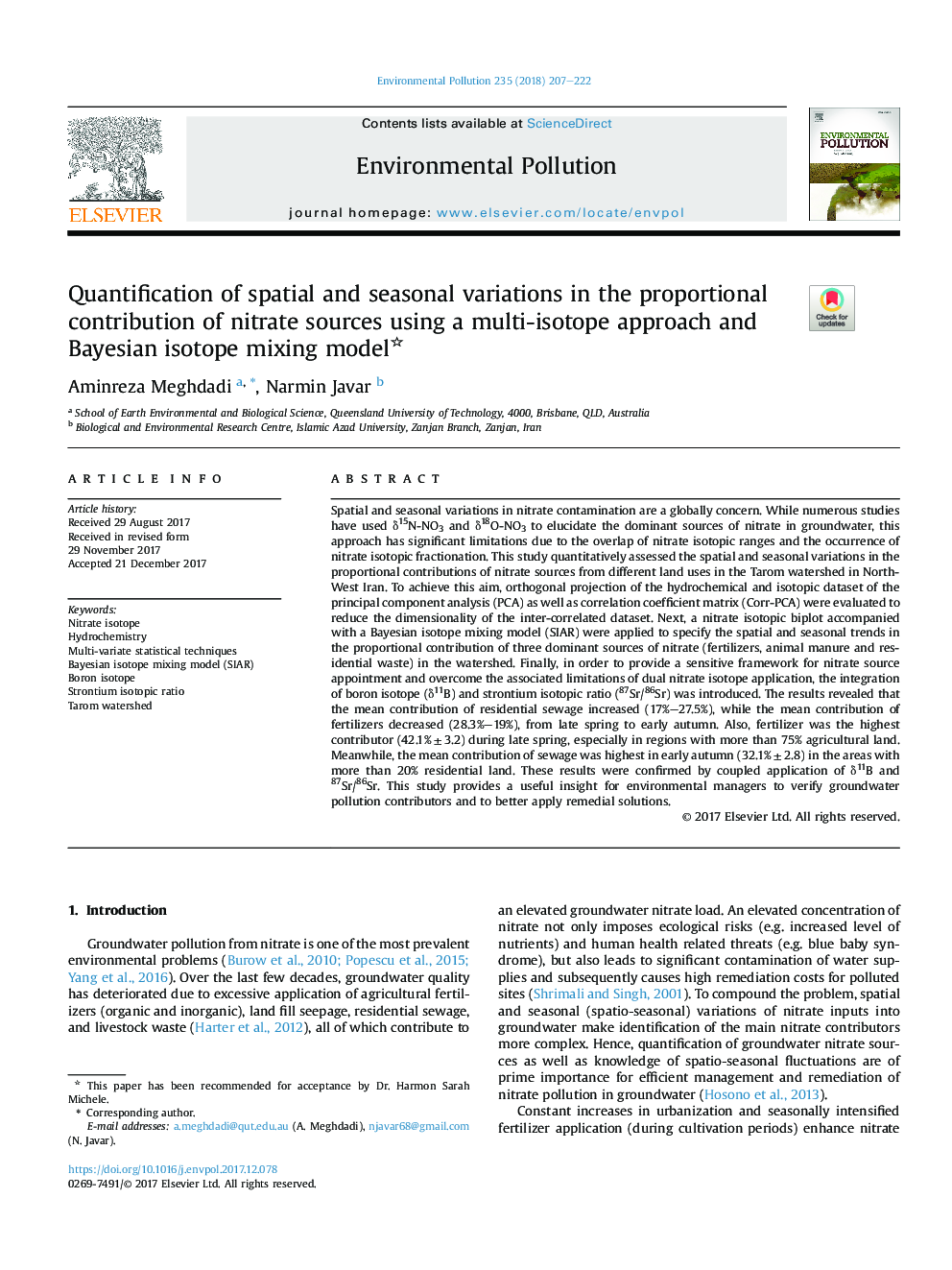 Quantification of spatial and seasonal variations in the proportional contribution of nitrate sources using a multi-isotope approach and Bayesian isotope mixing model