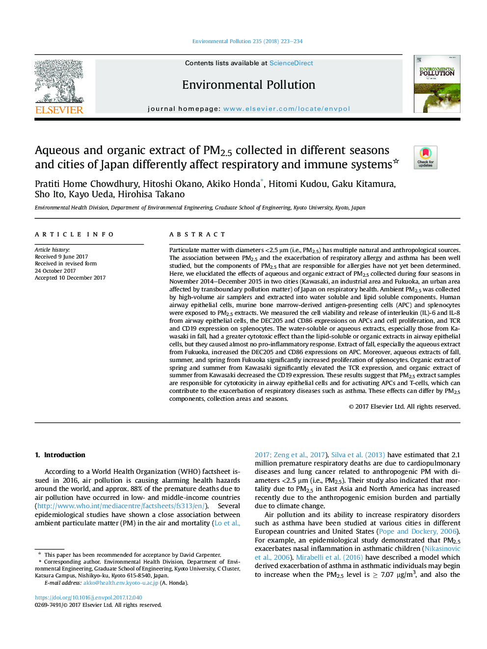 Aqueous and organic extract of PM2.5 collected in different seasons and cities of Japan differently affect respiratory and immune systems