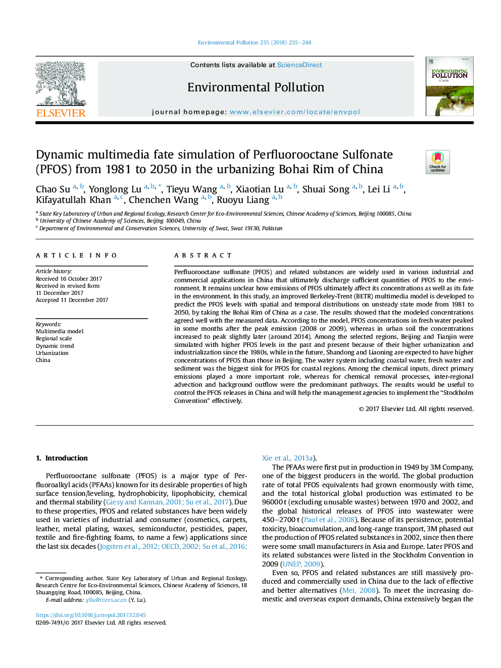 Dynamic multimedia fate simulation of Perfluorooctane Sulfonate (PFOS) from 1981 to 2050 in the urbanizing Bohai Rim of China