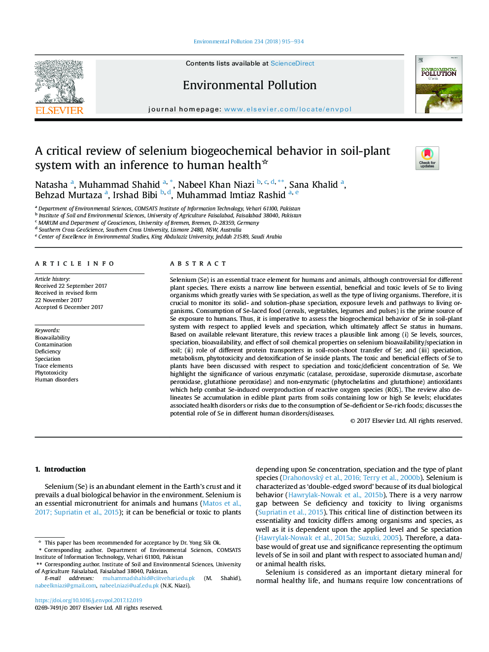 بررسی انتقادی از رفتار بیولوژیکی شیمیایی سلنیوم در سیستم خاک-گیاهی با استنباط به سلامت انسان 