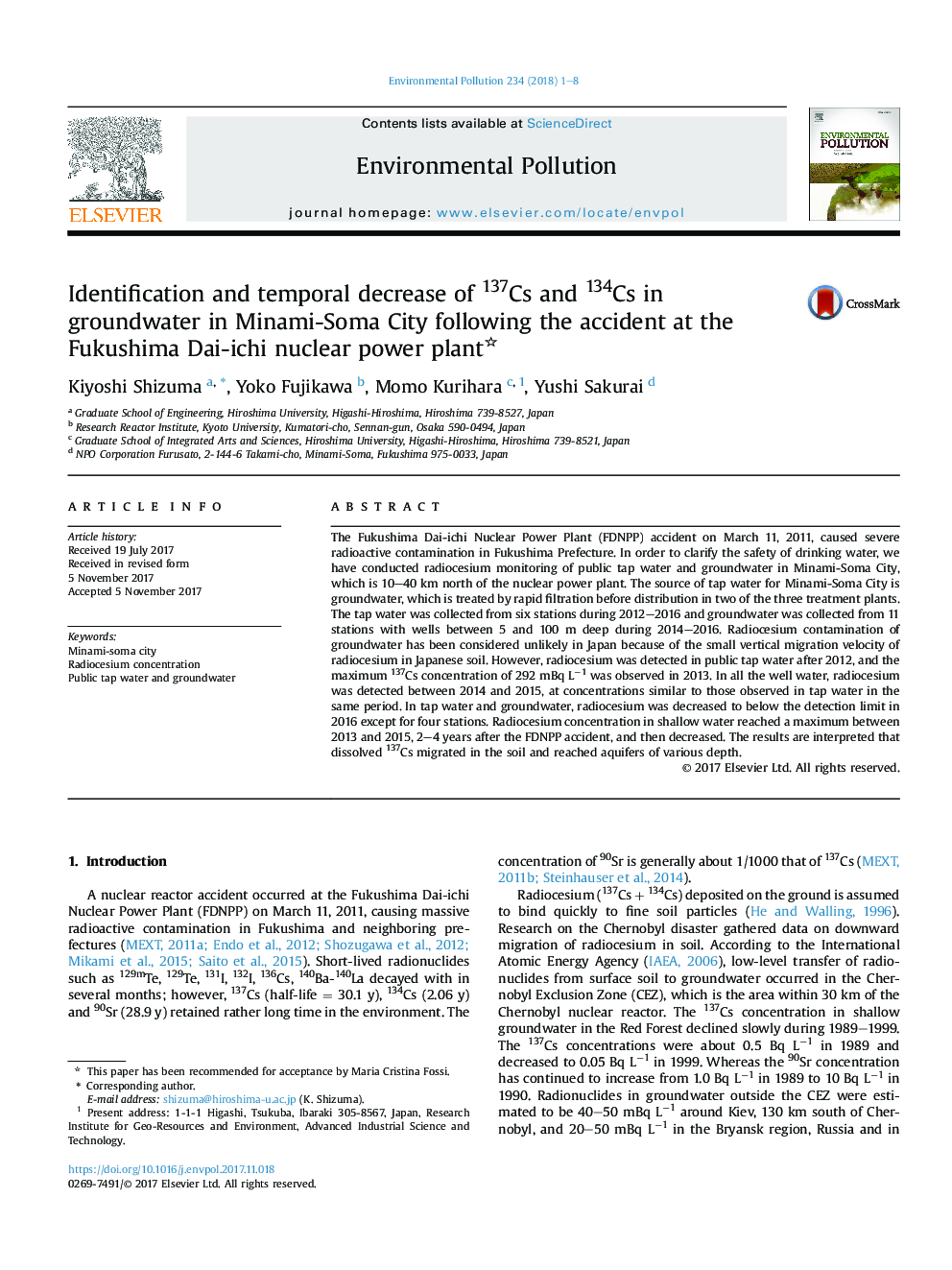 عکس صفحه اول مقاله: Identification and temporal decrease of 137Cs and 134Cs in groundwater in Minami-Soma City following the accident at the Fukushima Dai-ichi nuclear power plant Identification and temporal decrease of 137Cs and 134Cs in groundwater in Minami-Soma City following the accident at the Fukushima Dai-ichi nuclear power plant