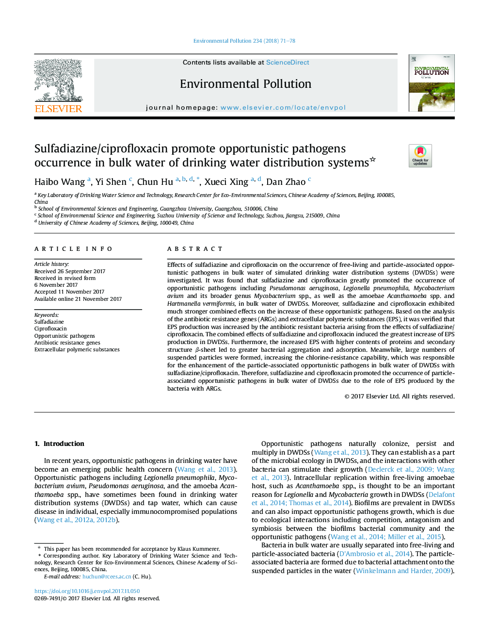 Sulfadiazine/ciprofloxacin promote opportunistic pathogens occurrence in bulk water of drinking water distribution systems