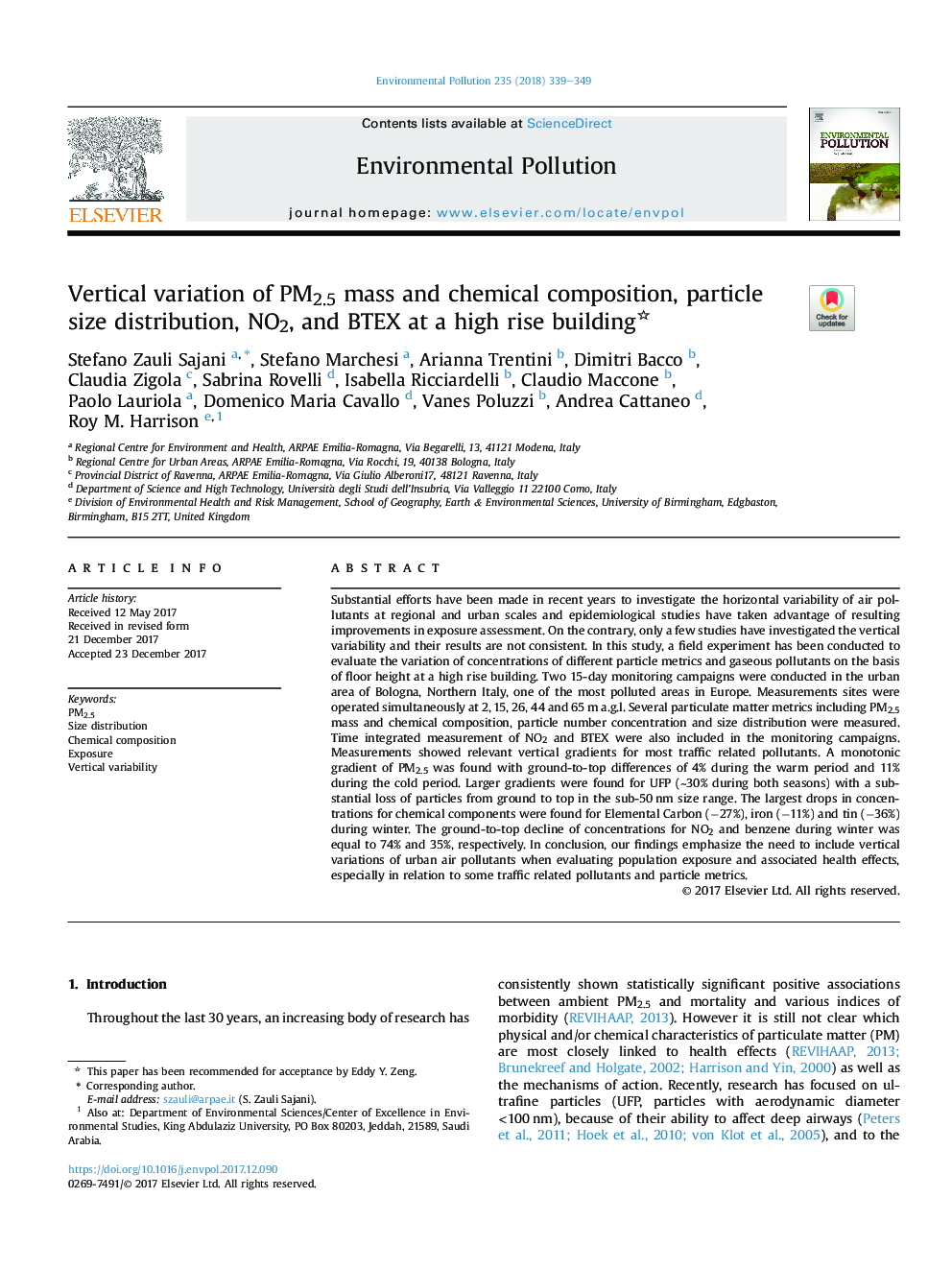 Vertical variation of PM2.5 mass and chemical composition, particle size distribution, NO2, and BTEX at a high rise building