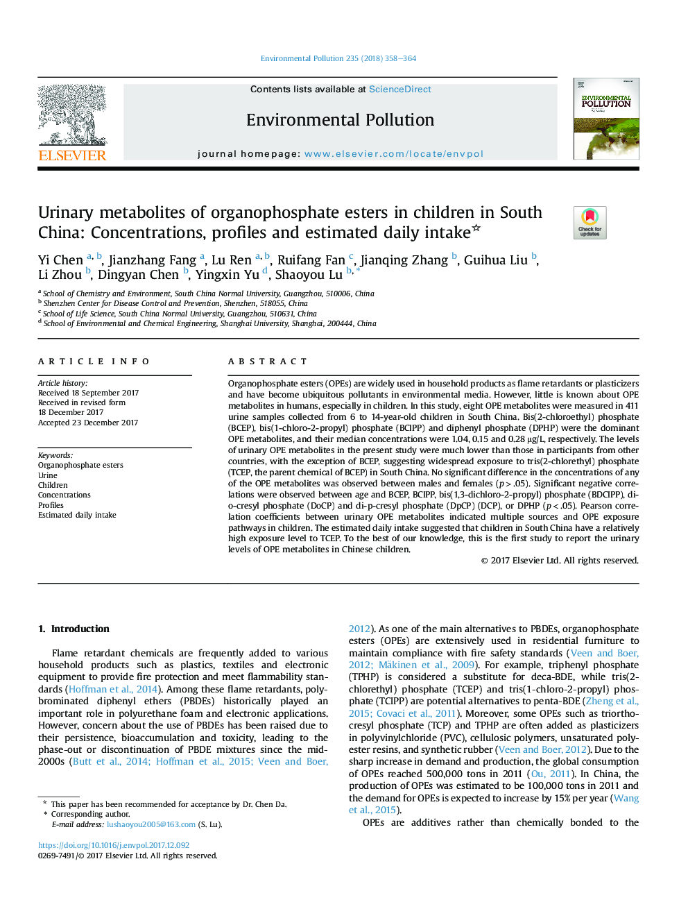Urinary metabolites of organophosphate esters in children in South China: Concentrations, profiles and estimated daily intake