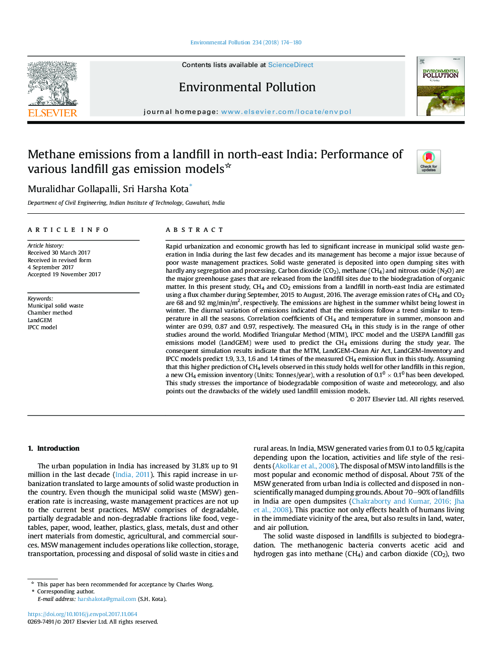 Methane emissions from a landfill in north-east India: Performance of various landfill gas emission models