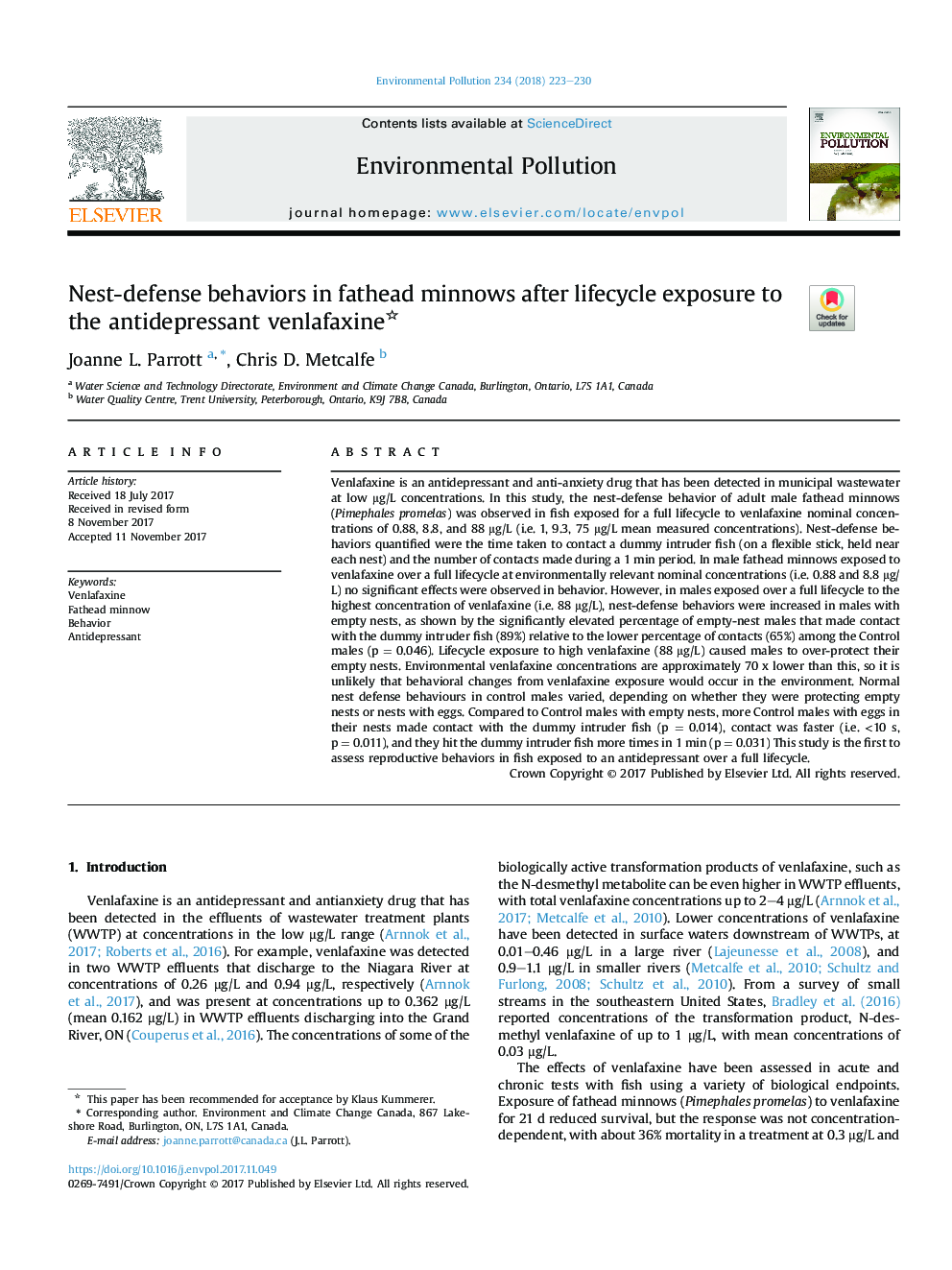 Nest-defense behaviors in fathead minnows after lifecycle exposure to the antidepressant venlafaxine