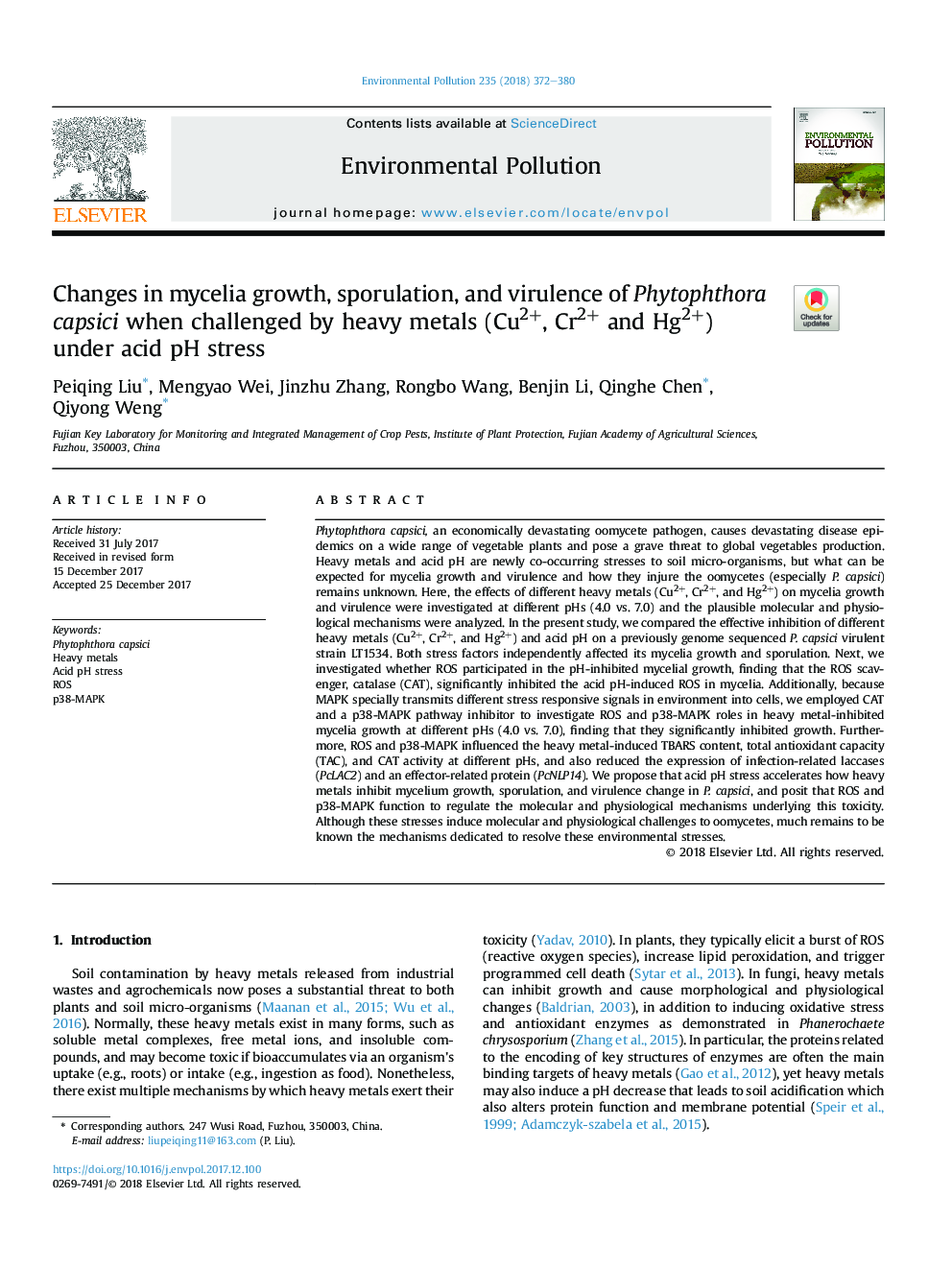 Changes in mycelia growth, sporulation, and virulence of Phytophthora capsici when challenged by heavy metals (Cu2+, Cr2+ and Hg2+) underÂ acid pH stress