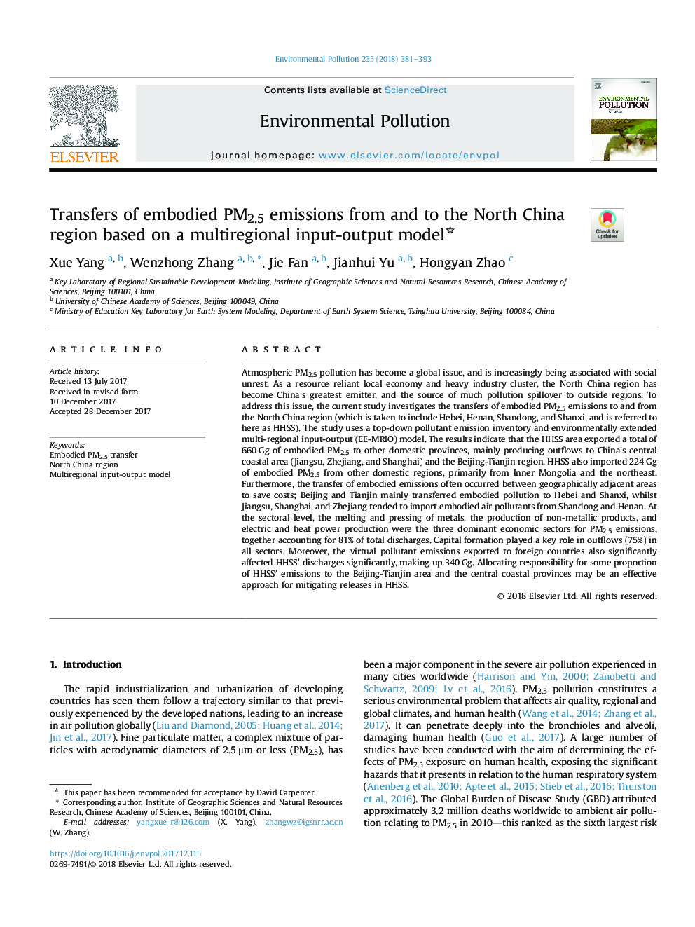 Transfers of embodied PM2.5 emissions from and to the North China region based on a multiregional input-output model