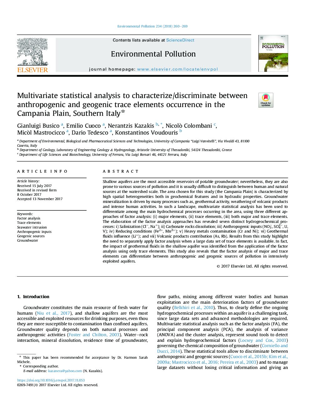 تجزیه و تحلیل آماری چند متغیره برای تشخیص / شناسایی رخداد عناصر کمیاب انسانی و ژئوشیمیایی در دشت کامپانیا، جنوب ایتالیا 